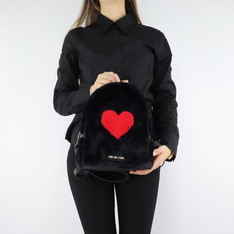 Sac à dos de la marque Love Moschino noir fourrure avec coeur rouge JC4327PP06KW100A