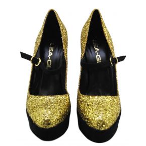 DECOLLETE' ALTO PLATEAU GLITTER ORO TACCO/PLATEAU CAMOSCIO NERO