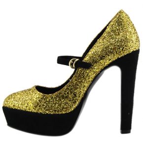 DECOLLETE' ALTO PLATEAU GLITTER ORO TACCO/PLATEAU CAMOSCIO NERO