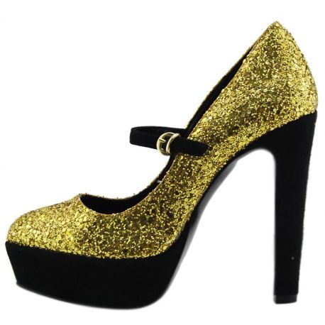 DECOLLETE' HIGH-PLATEAU GOLD GLITTER HEEL/PLATEAU BLACK SUEDE