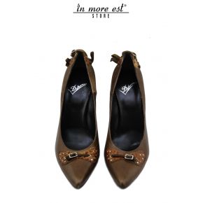 DECOLLETE' MEDIUM TIP BROWN LEATHER/NECK/SUEDE BUCKLES METAL SILVER FRINGES BROWN ON THE HEEL