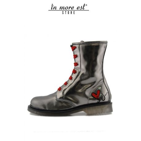 DR. MARTENS ALTO PELLE PIOMBO FONDO GOMMA TRASP LOGO RICAM ROSSO SY LACCI ROSSI E NERI