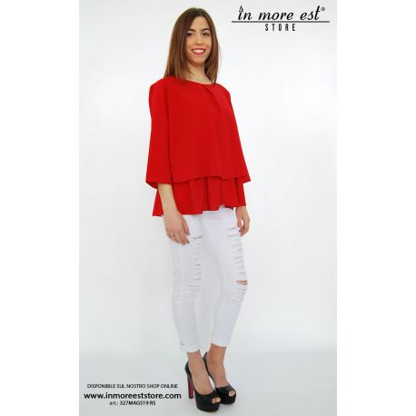 RED JERSEY 3/4 SLEEVES RUFFLE FRONT FLOUNCE BELOW