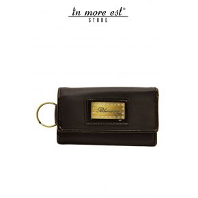 KEYCHAIN BROWN CALF TRIM PAINT MARR GLOSSY INNER ZIP CLOSURE COIN PURSE PLAC METAL BRONZE LOGO BLUMARINE AND SW