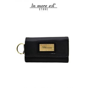 KEYRING CALFSKIN BLACK TRIM PAINT GLOSS BLACK INNER ZIP CLOSURE COIN PURSE PLAC METAL BRONZE LOGO BLUMARINE AND SW