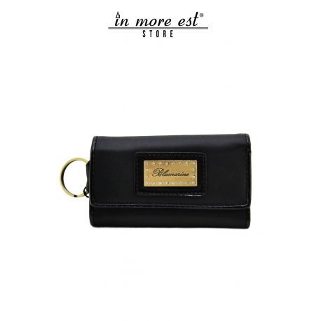 PORTACHIAVI VITELLO NERO BORDATURE VERNICE NERA LUCIDA ZIP INTERNA PORTAMONETE PLAC METAL BRONZO LOGO BLUMARINE E SW