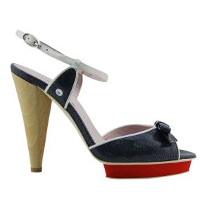 SANDAL HIGH PLATEAU BOW VERN JEANS WHITE LEATHER PLATEAU RED HEEL WOOD