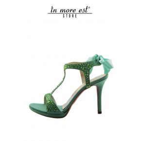 SANDAL HIGH GREEN SATIN RHINESTONE