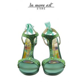 SANDAL HIGH GREEN SATIN RHINESTONE