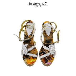 SANDAL HIGH WHITE LEATHER INSOLE FABRIC FLOWER PRINT BOTTOM WOOD