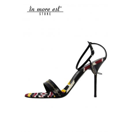 SANDAL HIGH CALF BLACK PRINT FABRIC BURGUNDY/BLACK/YELLOW/WHITE