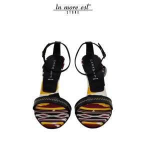 SANDAL HIGH CALF BLACK PRINT FABRIC BURGUNDY/BLACK/YELLOW/WHITE