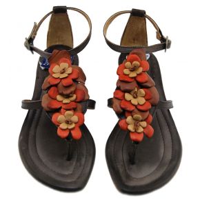 FLAT SANDAL BROWN LEATHER FLIP FLOPS FLOWER LEATHER ORANGE