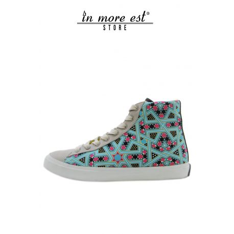 HIGH-TOP SNEAKERS EN CUIR GRIS MOTIF IMPRIMÉ BLEU