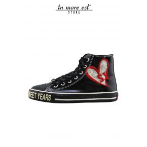 HIGH-TOP SNEAKERS EN CUIR NOIR LUCIDE FOND NOIR LOGO EN CAOUTCHOUC SY PAILLETTES