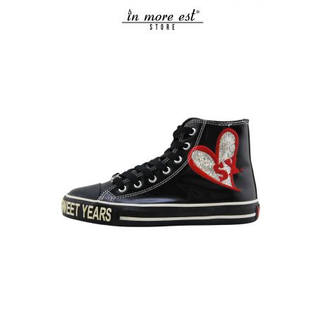 HIGH-TOP SNEAKERS EN CUIR NOIR LUCIDE FOND NOIR LOGO EN CAOUTCHOUC SY PAILLETTES