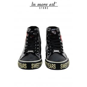 HIGH-TOP SNEAKERS BLACK LEATHER LUCID BOTTOM BLACK RUBBER LOGO SY GLITTER