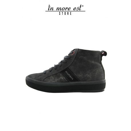 HIGH-TOP SNEAKERS EN CUIR DE VEAU LAM ARGENT FOND EN CAOUTCHOUC NOIR