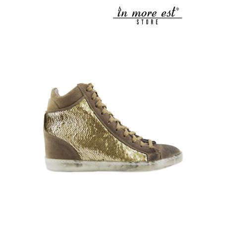 HIGH-TOP SNEAKERS WEDGE INSIDE SUEDE TAUPE GOLD SEQUINS