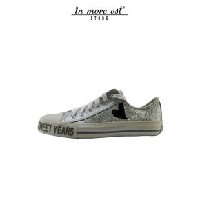 SNEAKERS BASSA ARGENTO PELLE/GLITTER FONDO GOMMA BIANCA LOGO SY