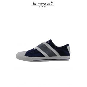 BASKETS BASSES-BLEU/BLANC CEINTURE DIAGONALE SANS LACETS