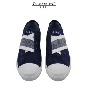 LA ZAPATILLA DE DEPORTE BAJO-AZUL/BLANCO FRANJA DIAGONAL SIN CORDONES