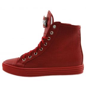 SNEAKERS WITH INNER WEDGE RED LEATHER BROOCH STONES
