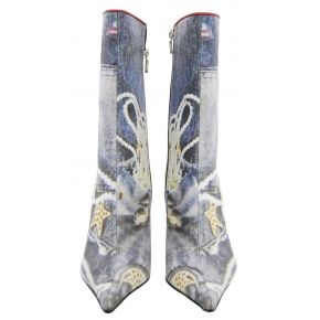 BOOT HIGH TOE JEANS PRINT ON FABRIC HEEL PLASTIC RED LEG LOW