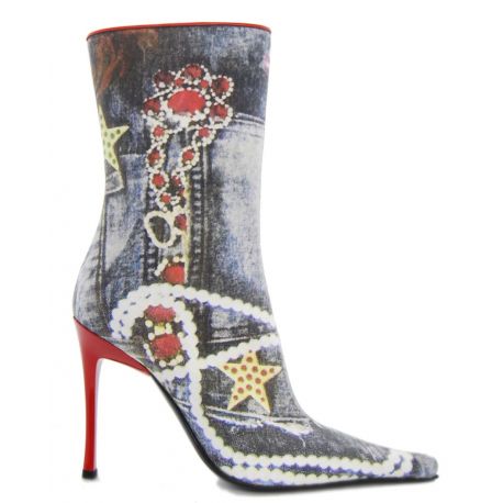 BOOT HIGH TOE JEANS PRINT ON FABRIC HEEL PLASTIC RED LEG LOW