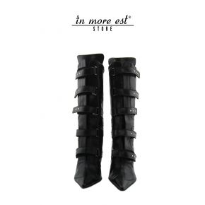 HIGH BOOT BLACK POINTED LEATHER MICROTRAFORATA LEG AND MIDDLE BUCKLES TO THE STRAP ALL OVER THE LEG STUDS, METAL SILVER BUCKLES