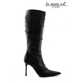 HAUTE BOOT NOIR POINTUE DE VEAU BOUCLES EN MÉTAL POLI DE HAUTE SUPÉRIEURE