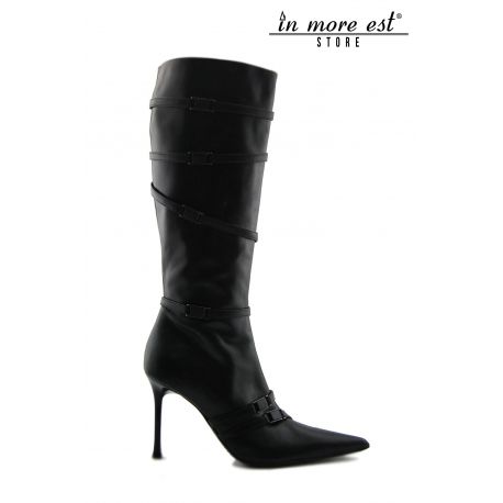 HAUTE BOOT NOIR POINTUE DE VEAU BOUCLES EN MÉTAL POLI DE HAUTE SUPÉRIEURE