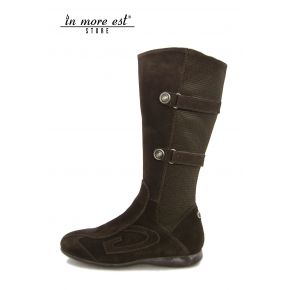 LOW BOOT HIGH UPPER SPORTS BROWN SUEDE CANVAS BLACK/BROWN BUCKLES IN THE LEG