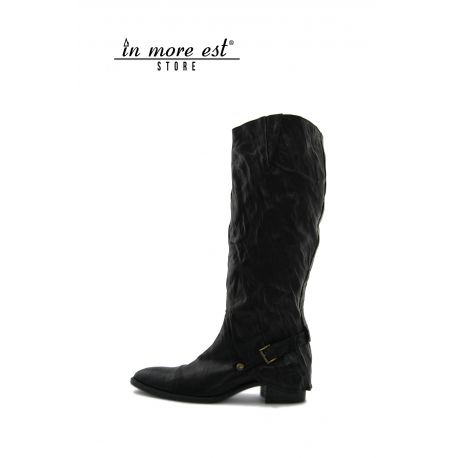 LOW BOOT BLACK CALF WRINKLED BUCKLE METAL BRONZE HIGH UPPER