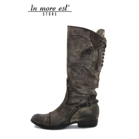 LOW BOOT BROWN LEATHER FADED WHITE HIGH UPPER ALLAC LACE-UP BACK POLP BUCKLES METAL BRONZE