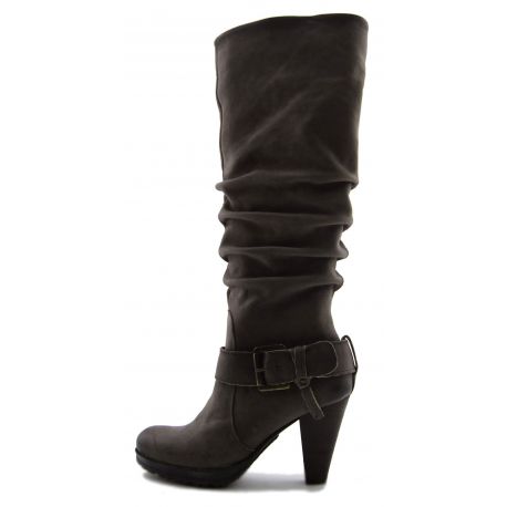 BOTTES MOYEN DE LA JAMBE DE HAUT EN CUIR NAPPA MARRON PLISSÉ BOUCLE DE CADRE EN MÉTAL