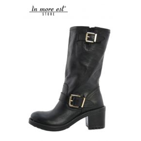 THE BOOT MEDIUM-LEG SLEEVE MEDIUM BLACK CALF BUCKLES METAL GOLD BOTTOM RUBBER CARARMATO