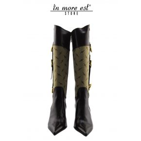THE BOOT MEDIUM TOE BROWN CALF/FABRIC WITH LOGO SWORD, BEIGE/MARR BUCKLES METAL GOLD OUTER CALF