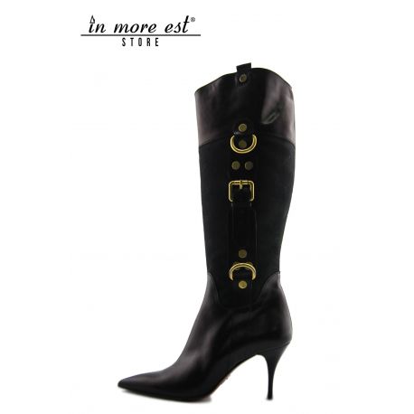 LE SUPPORT D'AMORÇAGE TOE NOIR EN CUIR DE VEAU ET TISSU AVEC LE LOGO DE L'ÉPÉE NOIRE, BOUCLES EN MÉTAL D'OR EXTERNE DE VEAU