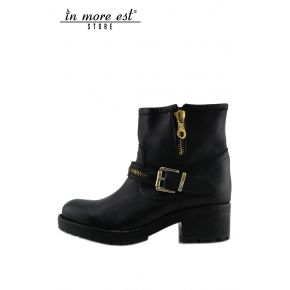 ANKLE BOOTS MEDIUM-LEG LOW-BLACK CALFSKIN BUCKLE AND ZIP CLOSURE METAL GOLD BOTTOM RUBBER CARARMATO