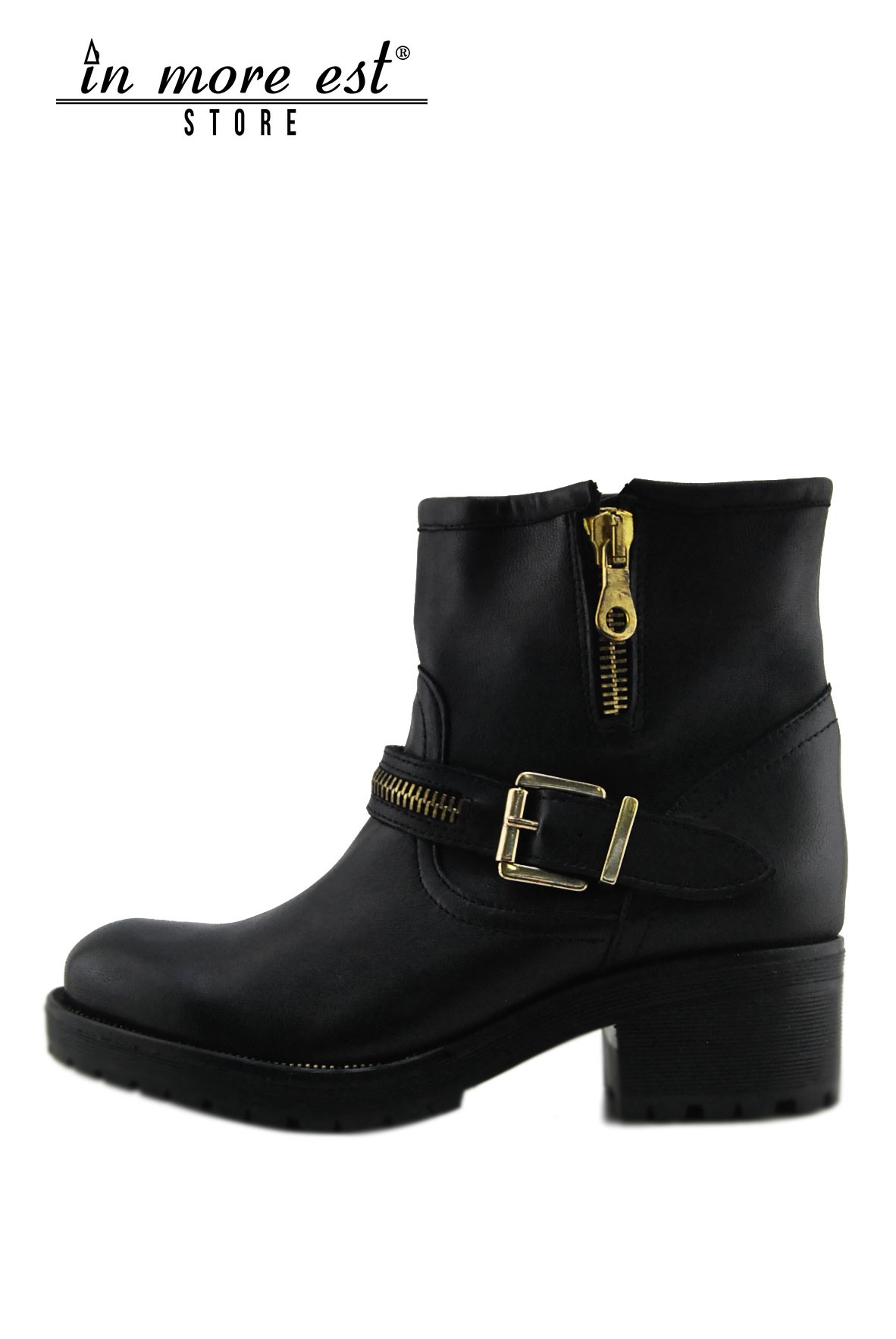 ANKLE BOOTS MEDIUM-LEG LOW-BLACK CALFSKIN BUCKLE AND ZIP CLOSURE