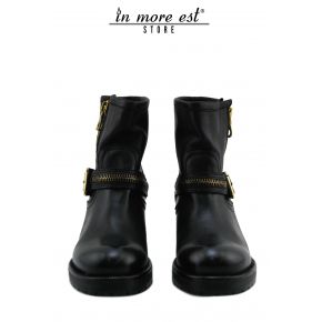 ANKLE BOOTS MEDIUM-LEG LOW-BLACK CALFSKIN BUCKLE AND ZIP CLOSURE METAL GOLD BOTTOM RUBBER CARARMATO