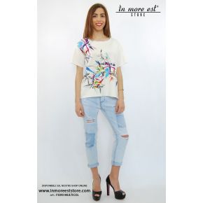 T-SHIRT BLANC IMPRIMÉ DE FLEURS MULTICOLORES EN NÉOPRÈNE