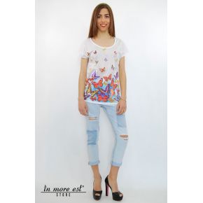 T-SHIRTS AVEC IMPRESSION EN BLANC-PAPILLON ET STRASS DÉTAILLANT EN COTON/POLY TRAF