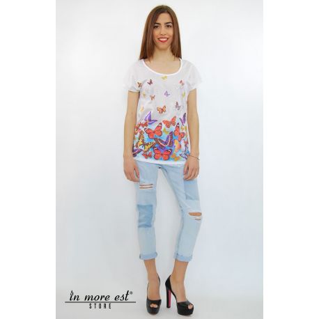 T-SHIRTS AVEC IMPRESSION EN BLANC-PAPILLON ET STRASS DÉTAILLANT EN COTON/POLY TRAF