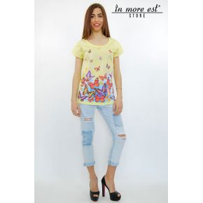 T-SHIRTS WITH YELLOW PRINT BUTTERFLIES AND RHINESTONES COTTON/POLY TRAF