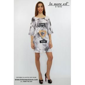 PRINT DRESS GRAY HEART/EYE CENTRAL GOLD PAINT THE SKY BLACK POLY/COTTON