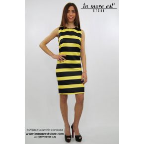 VESTIDO ACAMPANADO DE LÍNEAS DE COLOR NEGRO Y AMARILLO