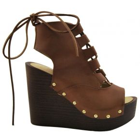 WEDGE OPEN LEATHER AND LACE-UP BOTTOM IN WOOD ISLO ISABELLA LORUSSO