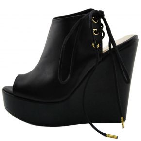WEDGE BLACK LEATHER LACE-UP BACK